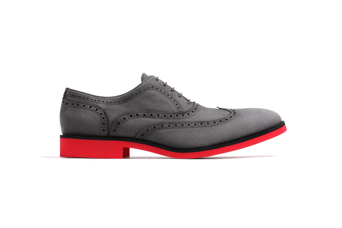 Men's Grey Nabuk & Red Brogue Red Sole Wingtip