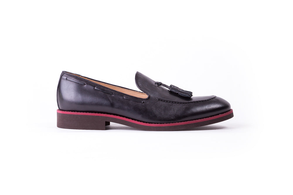 Men's Black & Oxblood Accented Tassel Loafer with Brown Sole (EX-146)