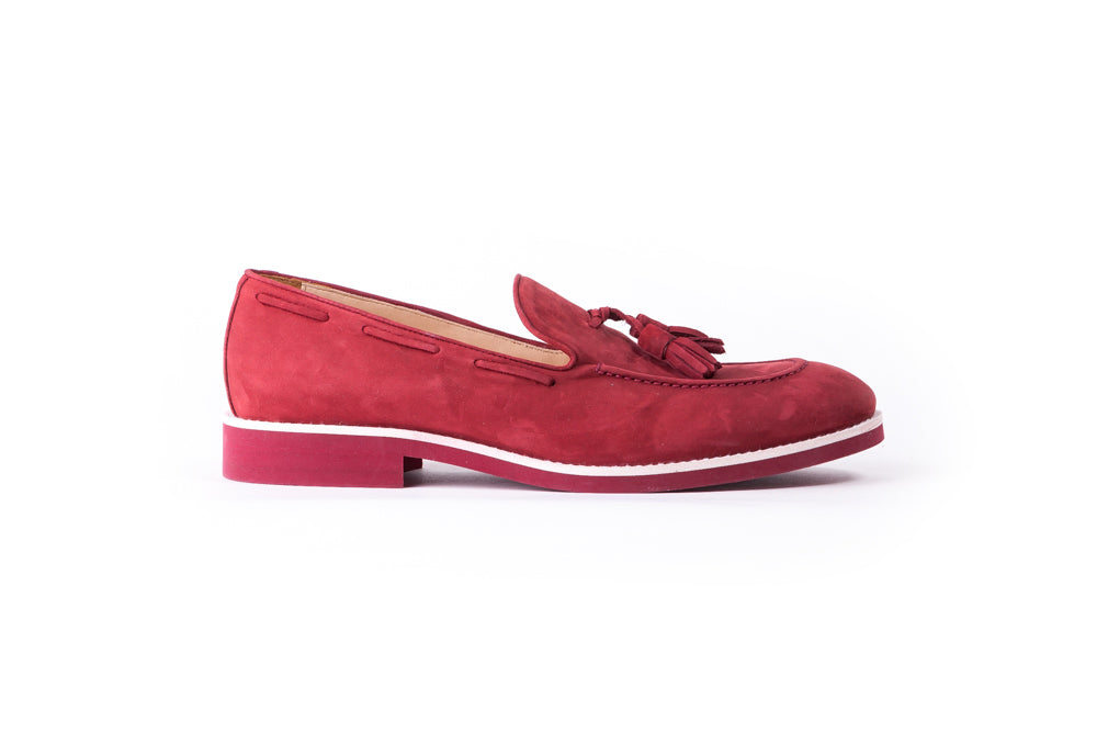 Men's Suede Bordeaux & White Accented Tassel Loafer with Bordeaux Sole ( EX-153)