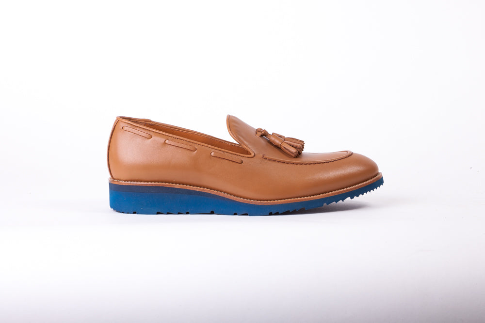 Men's Tan & Tan Accented Tassel Loafer with Blue Wedge Sole (EX169)