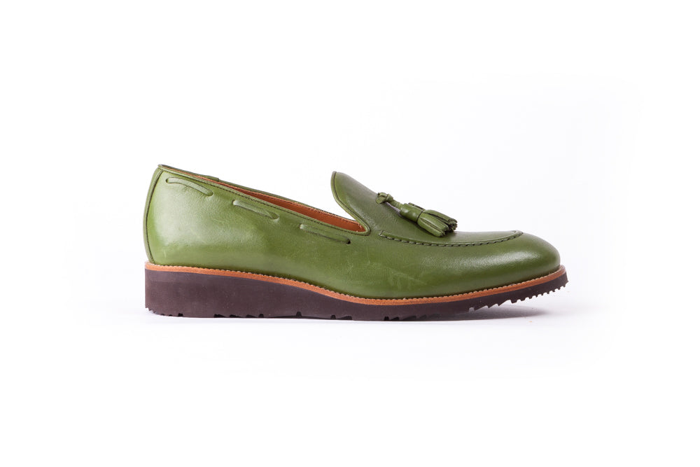 Men's Green & Tan Accented Tassel Loafer with Brown Wedge Sole (EX-175)