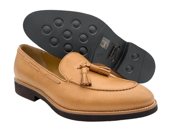 Men's Tan Calf Tassel Loafer, Nat Accent / Brown EVA sole Made in Italy