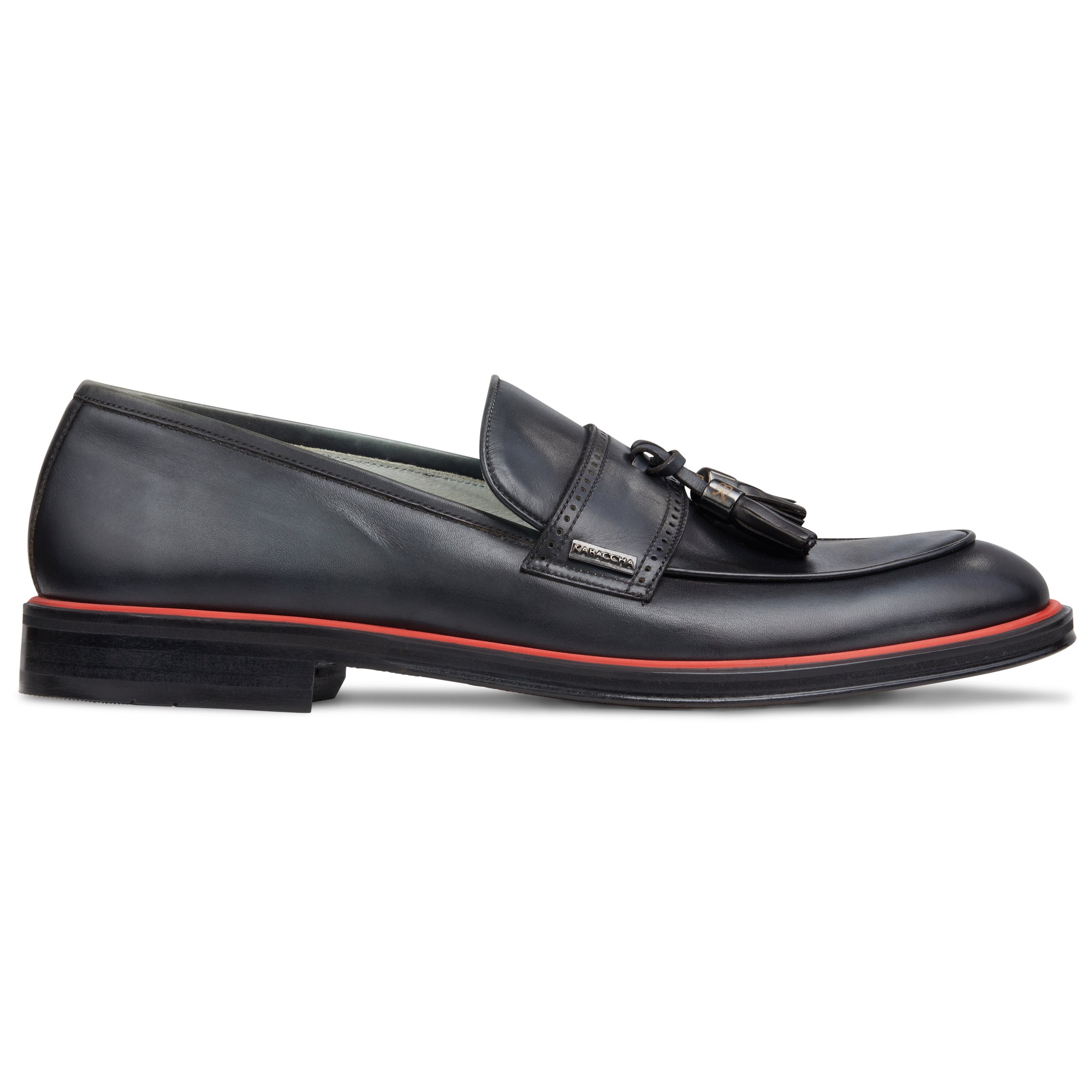 Men's Black Calf Tassel Loafer, Rosso Accent / AG leather sole Made in Italy