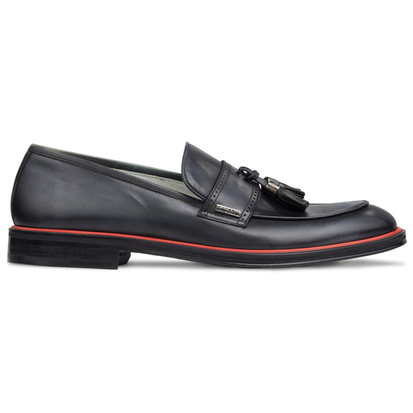 Men's Black Calf Tassel Loafer, Rosso Accent / AG leather sole Made in Italy