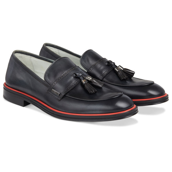 Men's Black Calf Tassel Loafer, Rosso Accent / AG leather sole Made in Italy