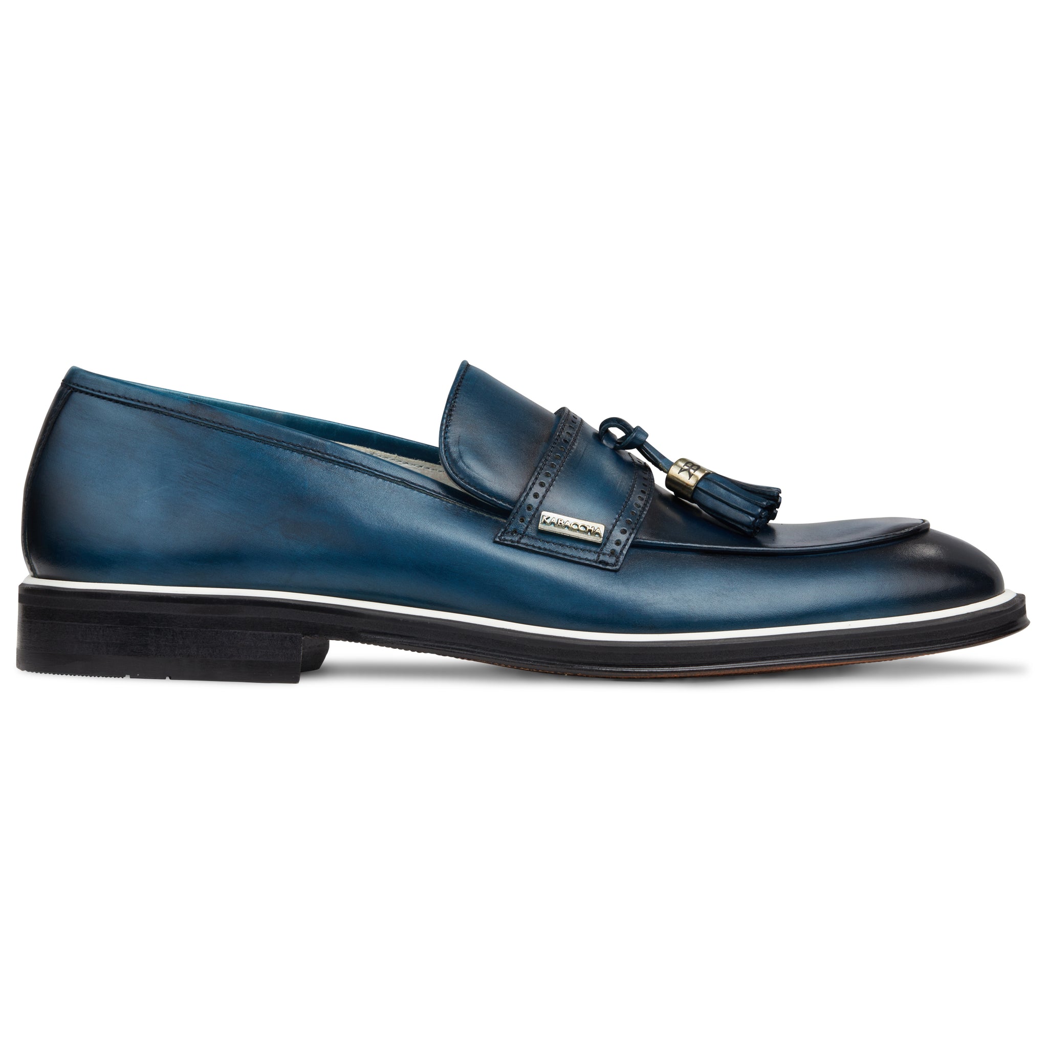 Men's Navy Blue Calf Tassel Loafer, White Accent / AG leather sole Made in Italy