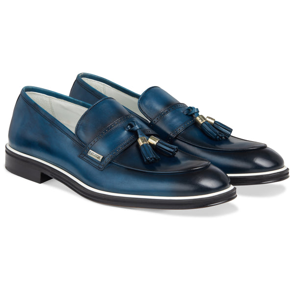 Men's Navy Blue Calf Tassel Loafer, White Accent / AG leather sole Made in Italy