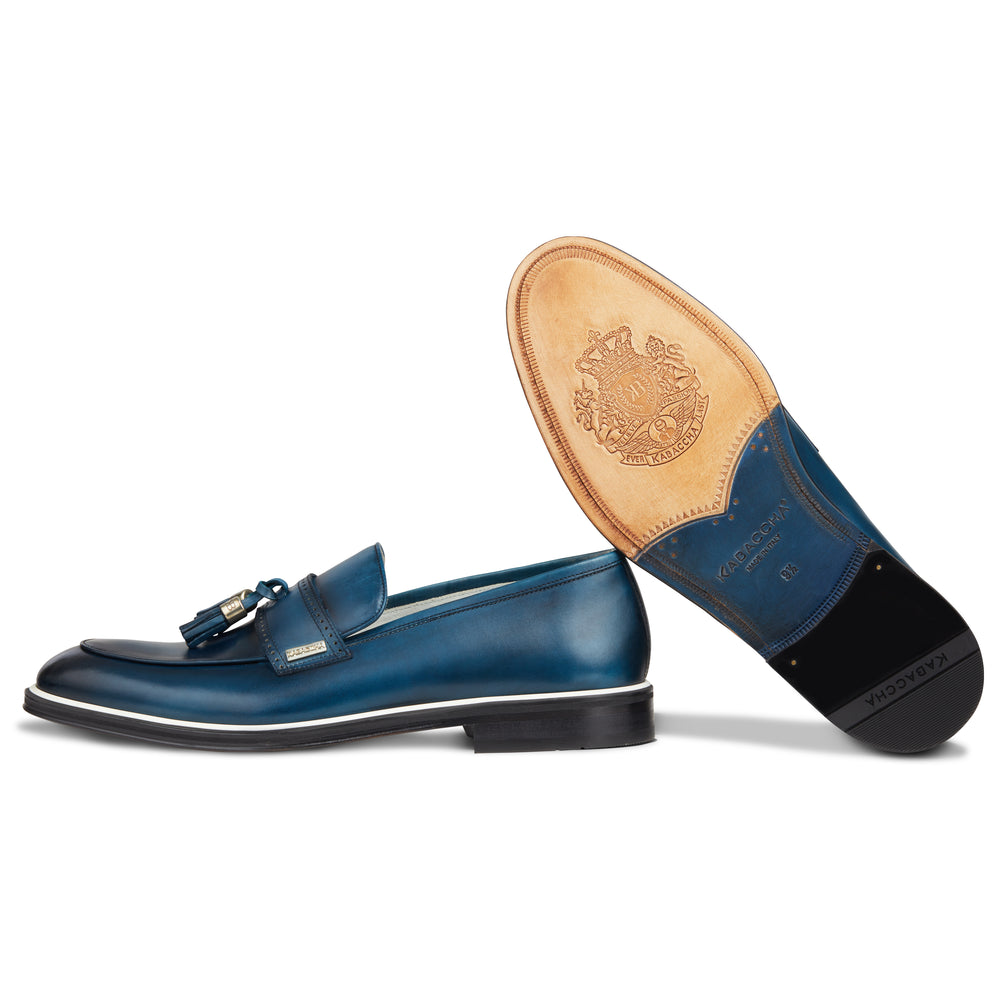 Men's Navy Blue Calf Tassel Loafer, White Accent / AG leather sole Made in Italy