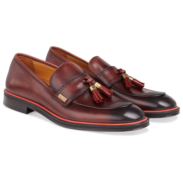 Men's Bordo Calf Tassel Loafer, Rosso Accent / AG leather sole Made in Italy