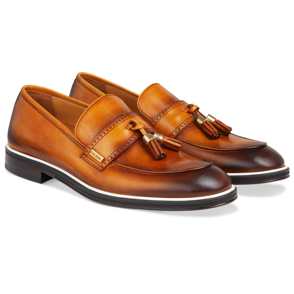 Men's Tan Calf Tassel Loafer, White Accent / AG leather sole Made in Italy