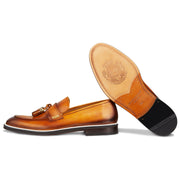 Men's Tan Calf Tassel Loafer, White Accent / AG leather sole Made in Italy