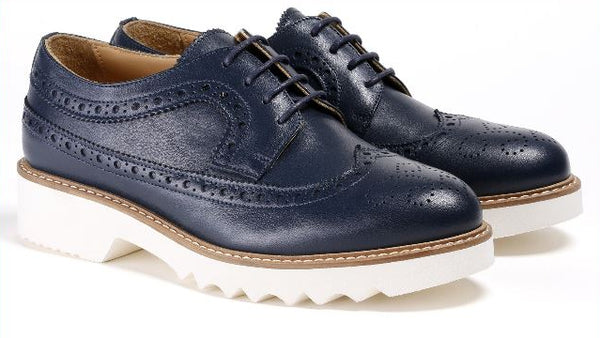 Woman's Navy Blue  Derby Extended  Brouge Wingtip  Made in italy