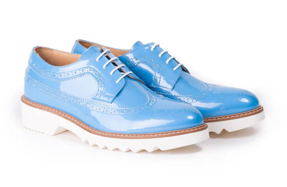 Woman's Patent Blue  Derby Extended  Brouge Wingtip  Made in italy