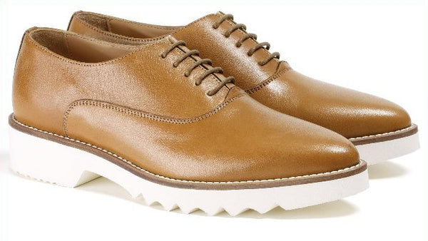 Women's Tan Italian Calf, 3 Piece Oxford Laceup. Made in Italy