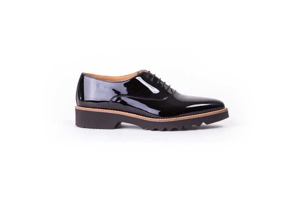 Womens Lace up Patent Black - Tan on Black  sole EX-308