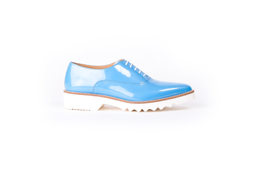 Womens Lace up Patent Sky Blue Tan on white  sole EX 313