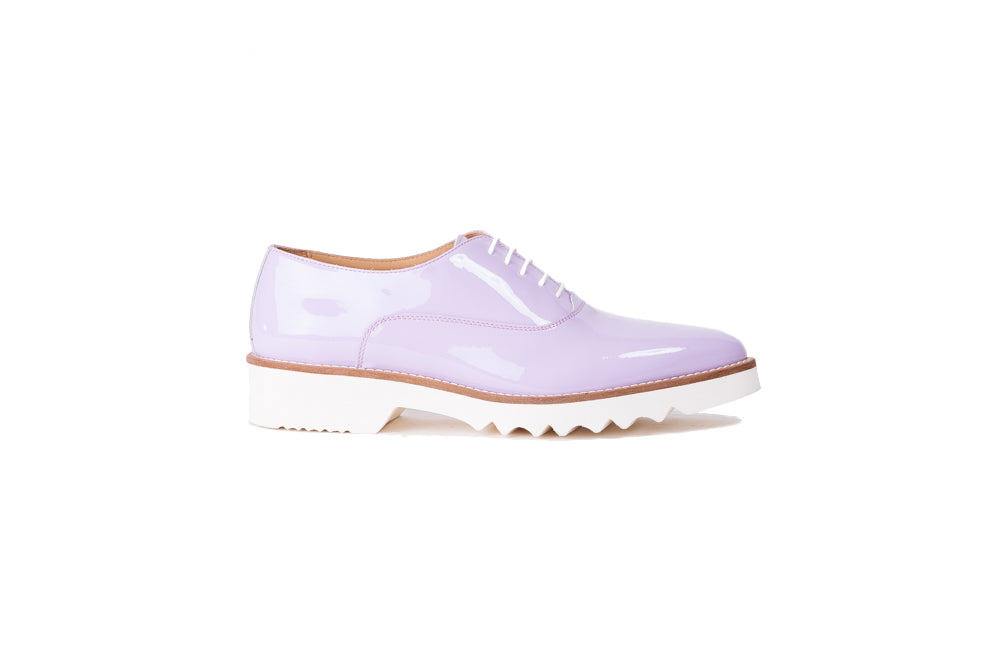Womens Lace up Patent Lavender Tan on white  sole EX 315