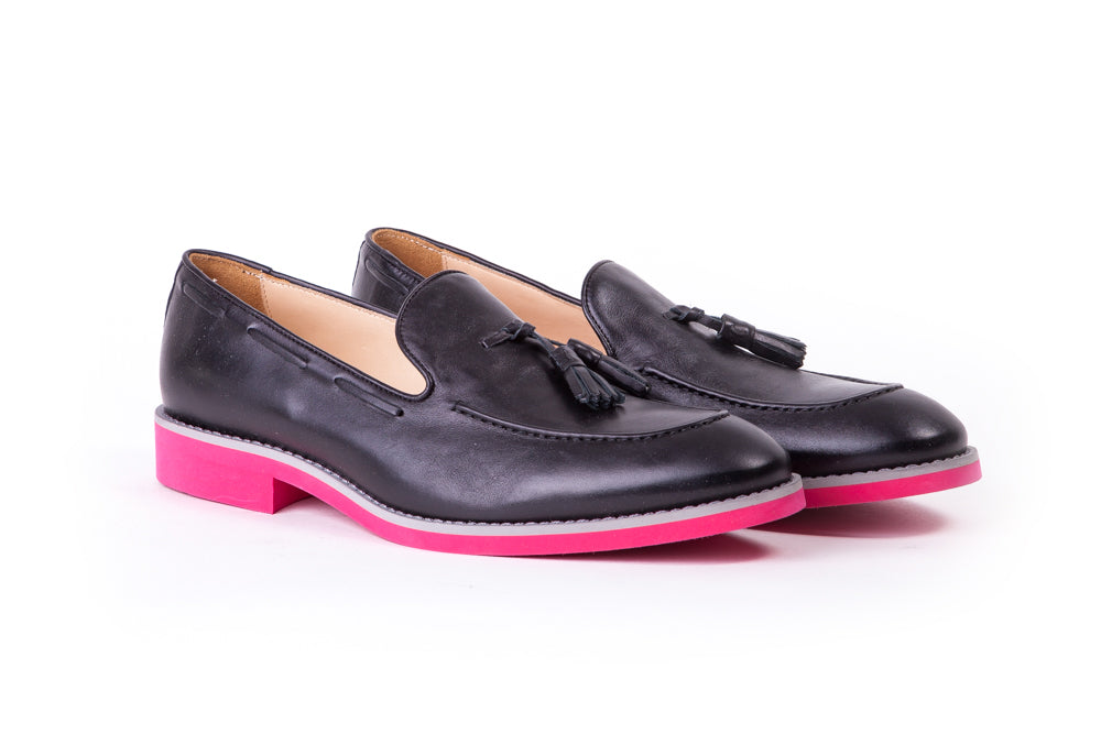 Men's Black & Grey Accented Tassel Loafer with Pink Sole ( EX-144) Kabaccha Men's Black & Grey Accented Tassel Loafer with Pink Sole ( EX-144) Kabaccha