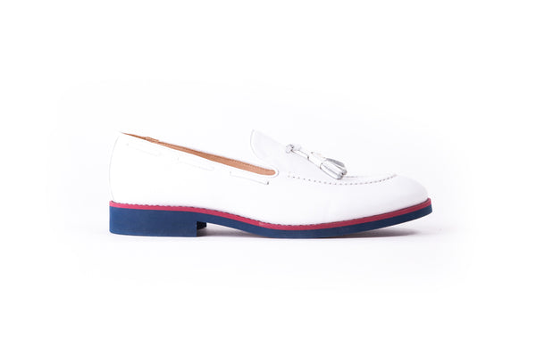 Men's White & Oxblood Accented Tassel Loafer with Blue Sole (EX-162)
