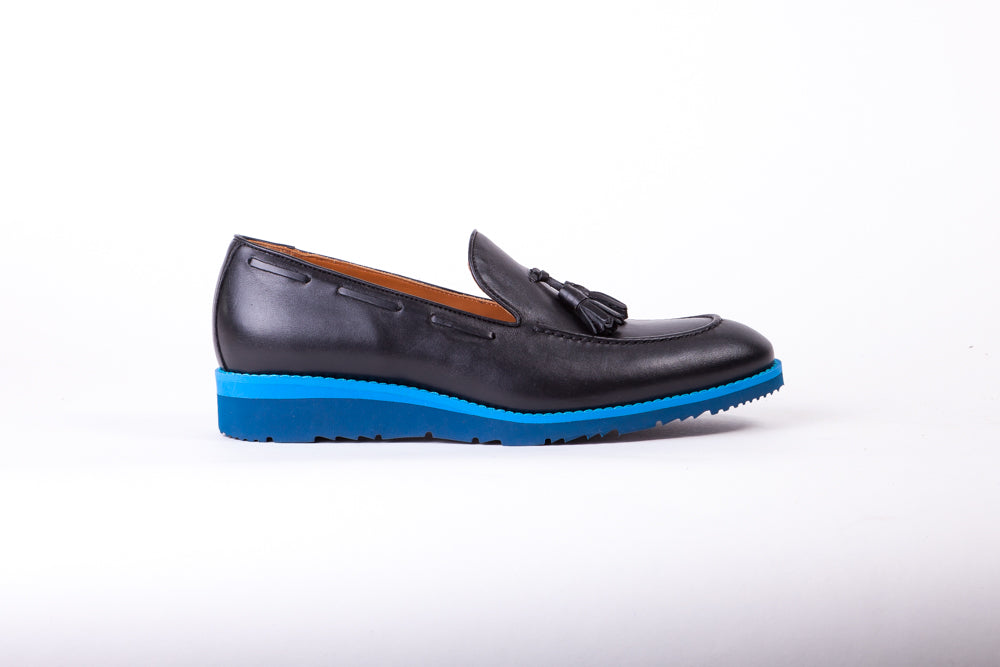 Men's Black & Blue Accented Tassel Loafer with Blue Wedge Sole (EX167)