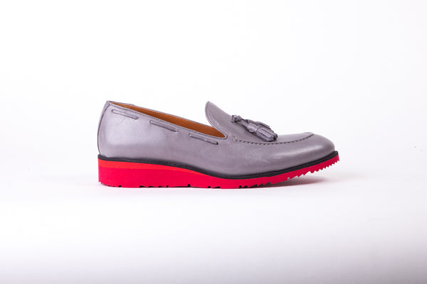 Men's Grey & Black Accented Tassel Loafer with Red Wedge Sole (EX-168)